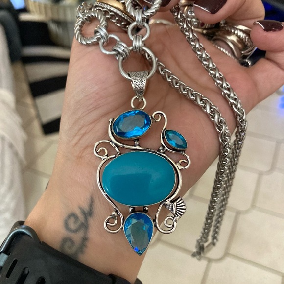 Blue topaz & blue agate turquoise color gemstone maille handmade boho necklace - Picture 11 of 15